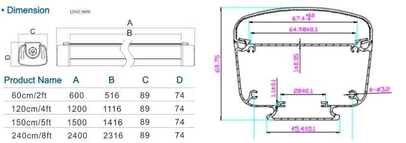 Waterproof 1200mm IP65 LED Linear Light LED Outdoor Tri-Proof Light Housing for Industrial Lighting