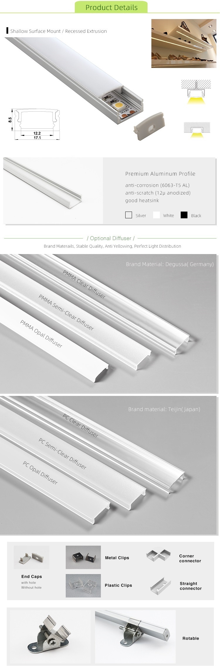 Aluminum Profile 17.28mm Black Extrusion LED Profile with Black Diffuser